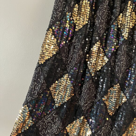VTG Spell Bound Sz S Silk Sequined and Beaded Harlequin Midi Skirt - Picture 3 of 9